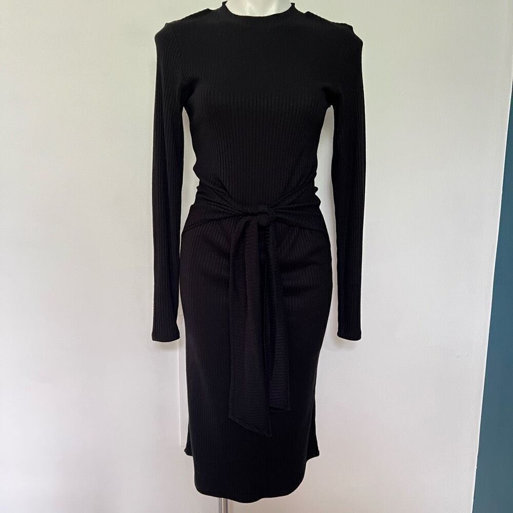 Fourteenth Place Long sleeve ribbed black midi body con dress